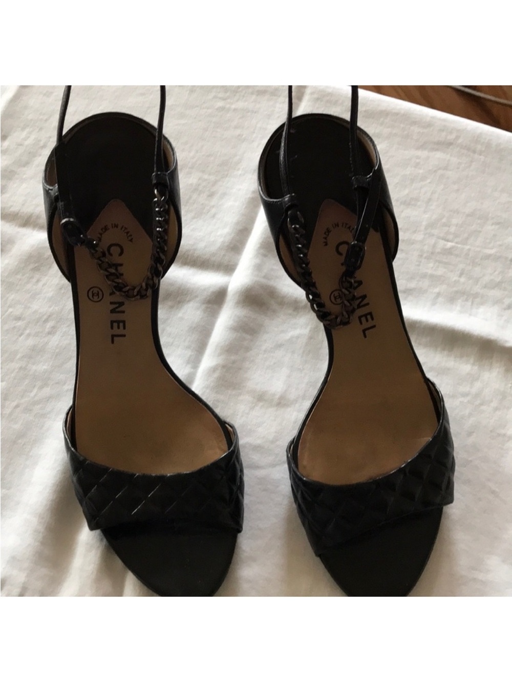 CHANEL Black Quilted Leather Open-Toe Slingback Heels with Chain Detail
